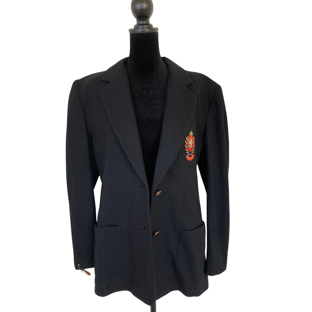 H.G. Preferred Black 100% Wool Crested Blazer Gold Tone Buttons Vintage Style 14